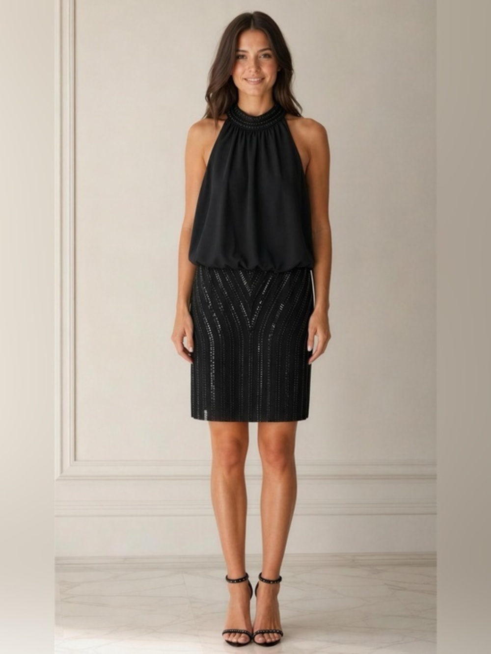 Cache Black Halter Beaded Mini Dress
